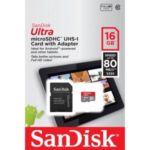 SANDISK microSDHC 16GB cl.10 UHS1 80MB/s z adapterem