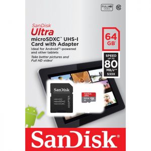SANDISK microSDXC 64GB cl.10 UHS I ANDROID 80MB/s z adapterem